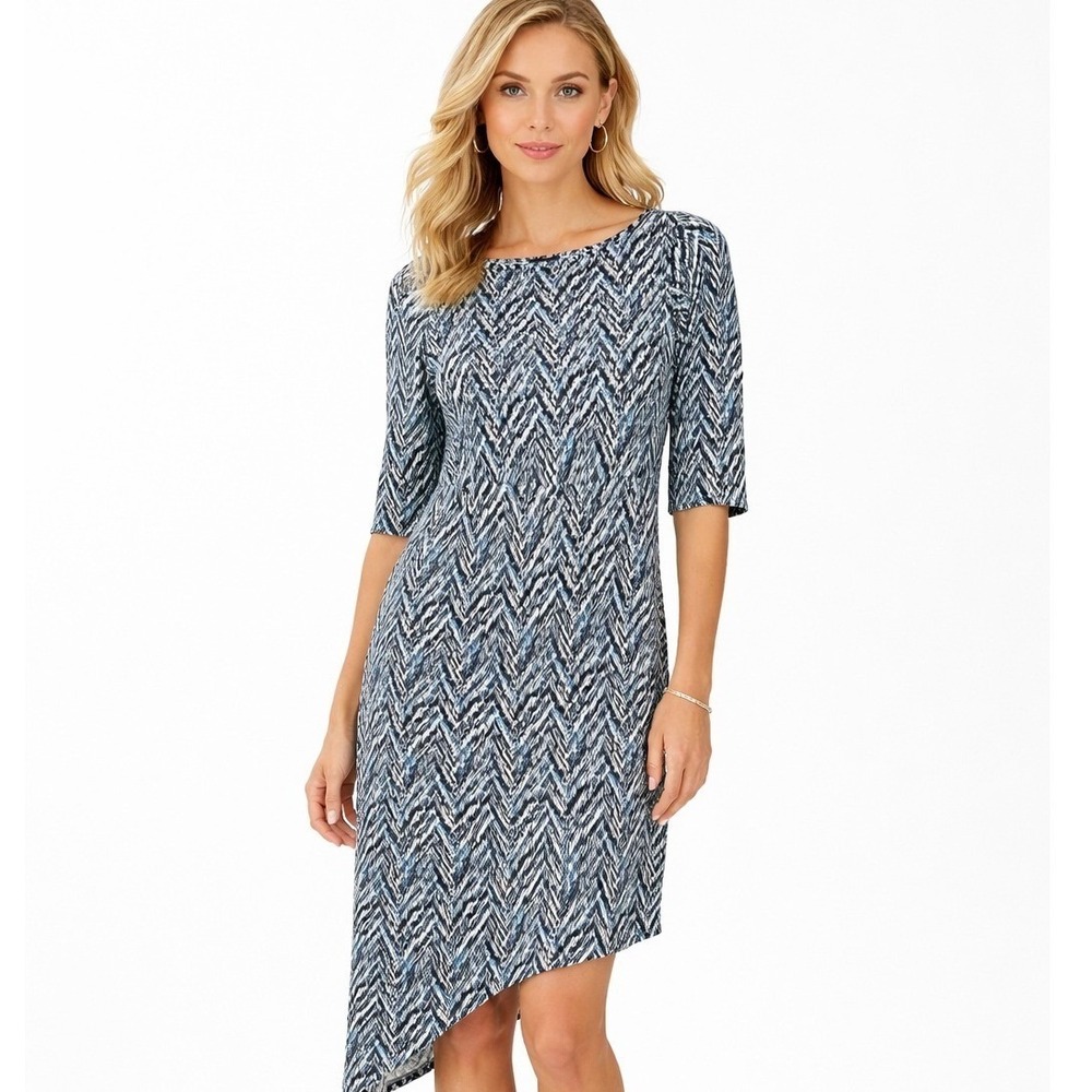J.‎ Jill Wearever Ikat Chevron Asymmetrical Hem Dress Blue White SP Petite